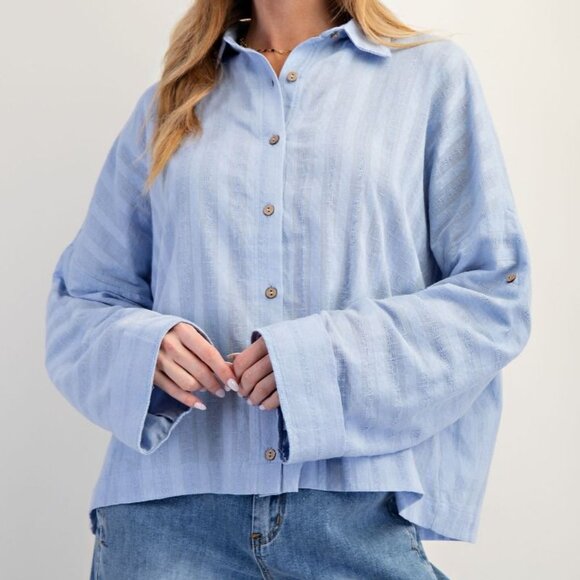 Curvy Size Wide Cuff Stripe Texture Cotton Button Down Top Periwinkle Blue - Picture 1 of 2